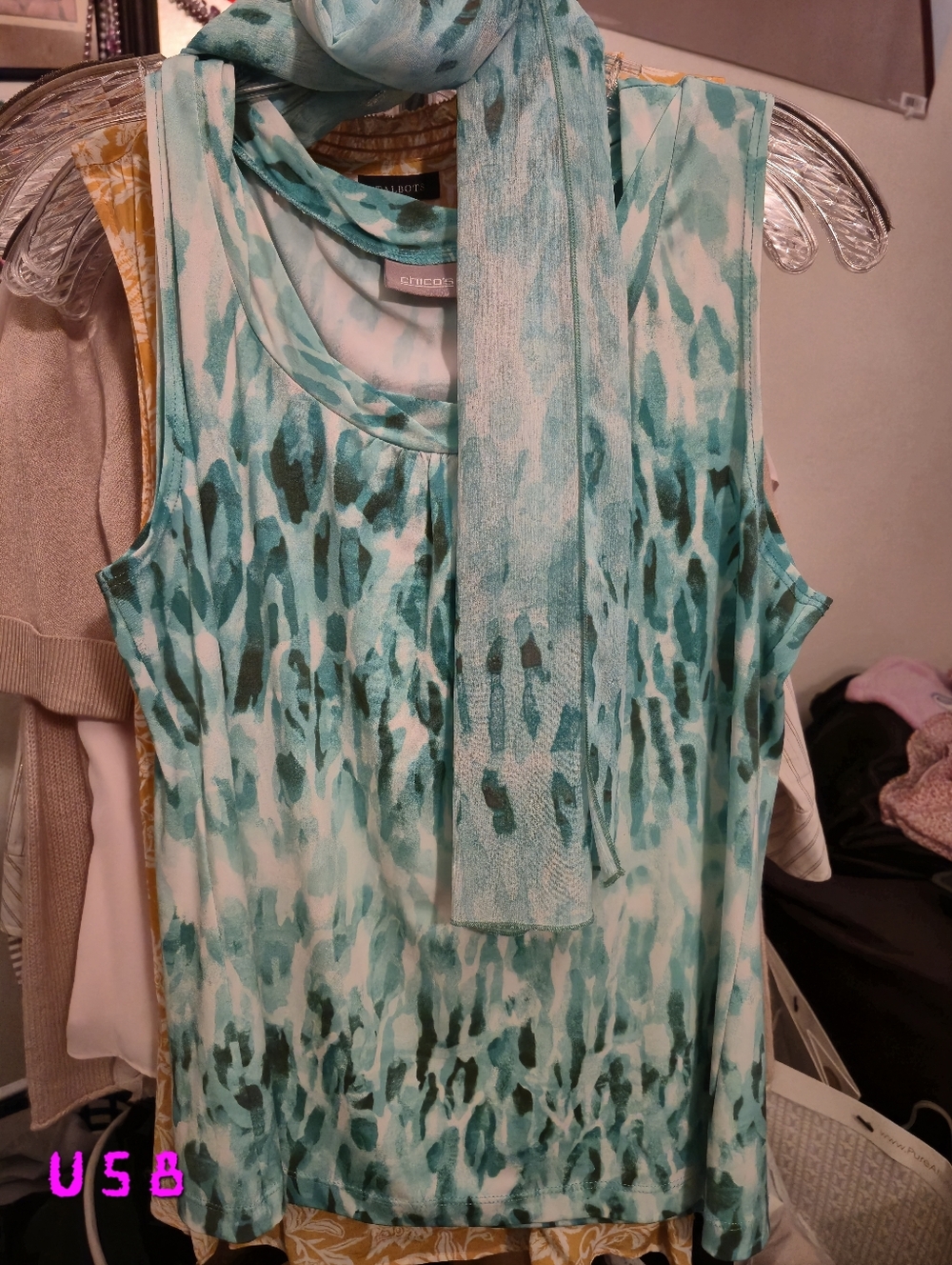 Chico's 2pc Teal Animal Print Sleeveless Top with Scarf Sz 1
